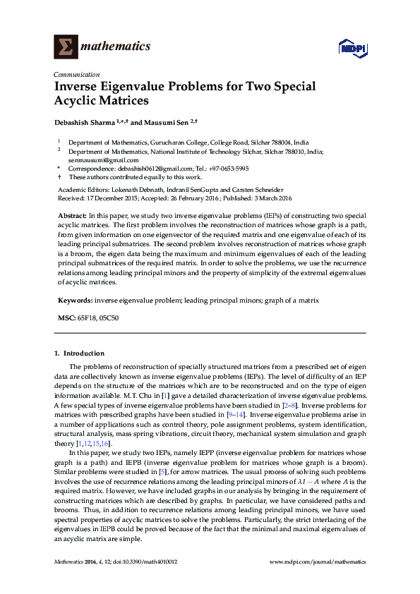 (PDF) Inverse Eigenvalue Problems for Two Special Acyclic Matrices