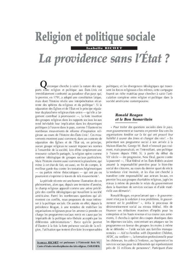 (PDF) Religion et politique sociale. La providence sans l’État ...