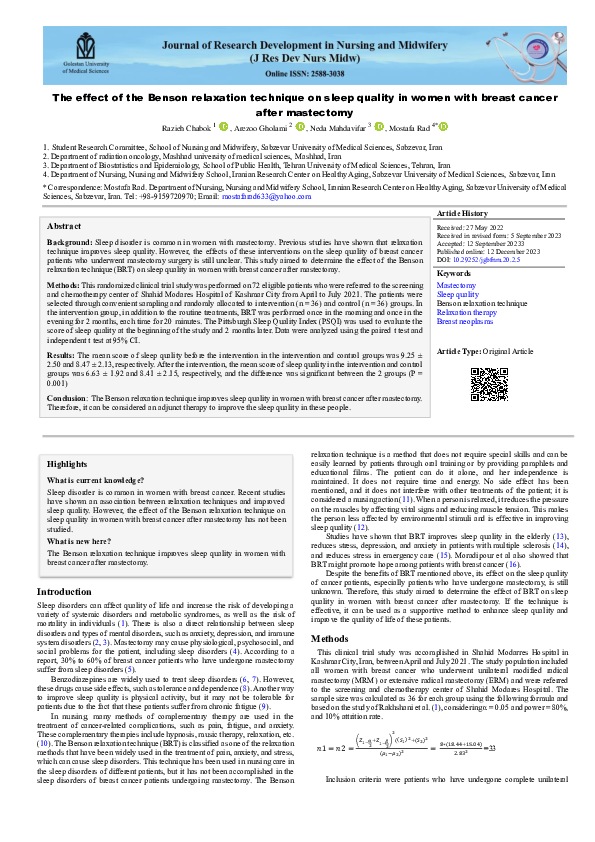 (PDF) The effect of the Benson relaxation technique on sleep quality in ...