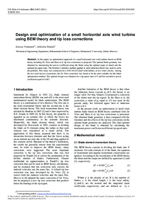 (PDF) Design and optimization of a small horizontal axis wind turbine ...