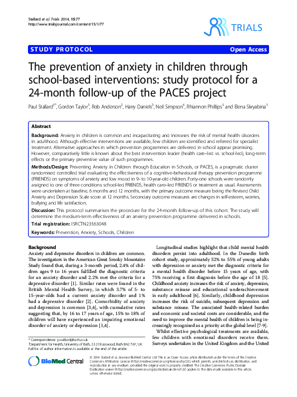(PDF) The prevention of anxiety in children through school-based ...