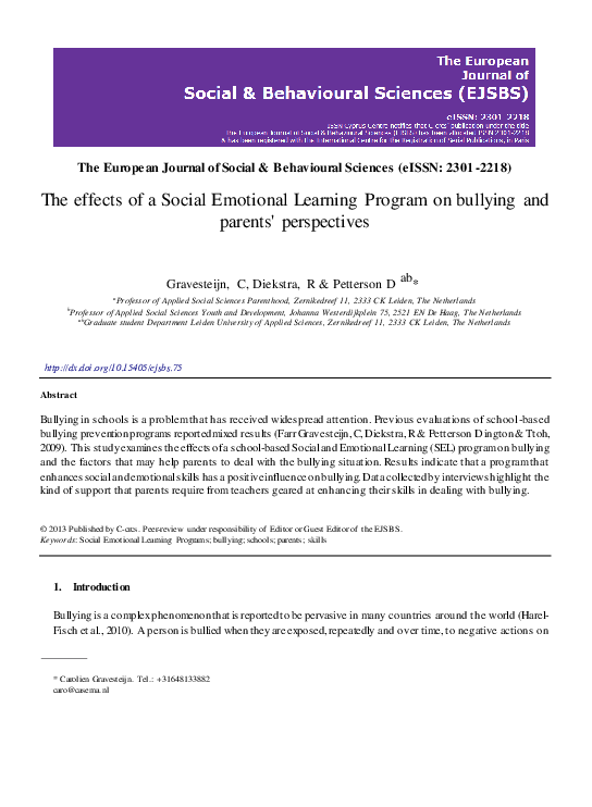 (PDF) The Effects of a Social Emotional Learning Program on Bullying ...