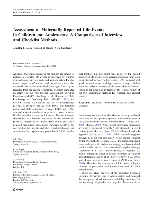 (PDF) Assessment of Maternally Reported Life Events in Children and ...