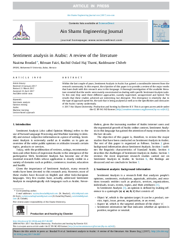 (PDF) Sentiment analysis in Arabic: A review of the literature