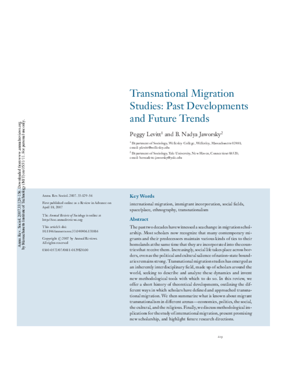 (PDF) Transnational Migration Studies: Past Developments and Future Trends