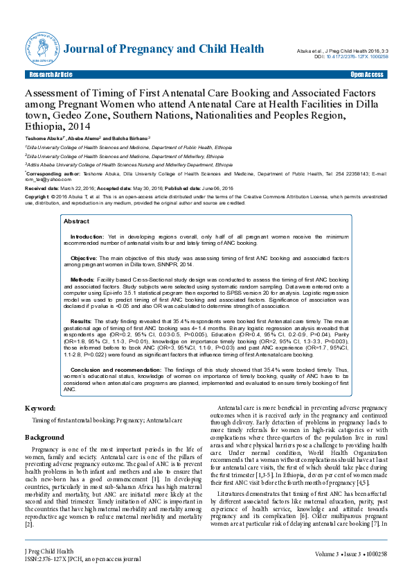 (PDF) Assessment of Timing of First Antenatal Care Booking and ...