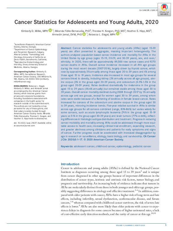 (PDF) Cancer statistics for adolescents and young adults, 2020