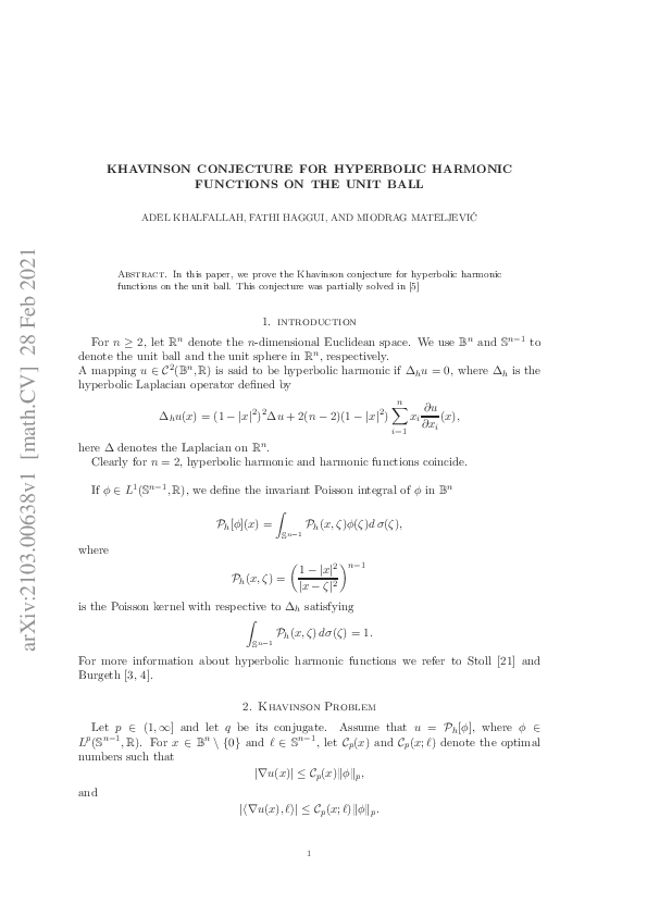 (PDF) Khavinson conjecture for hyperbolic harmonic functions on the ...