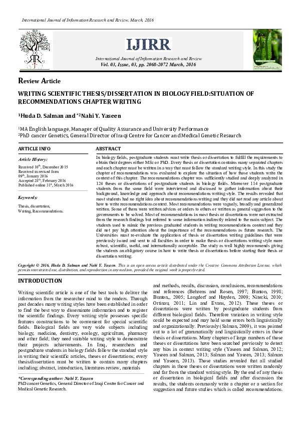 (PDF) Writing scientific thesis/ dissertation in biology field ...