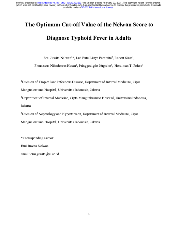 (PDF) The Optimum Cut-off Value of the Nelwan Score to Diagnose Typhoid ...