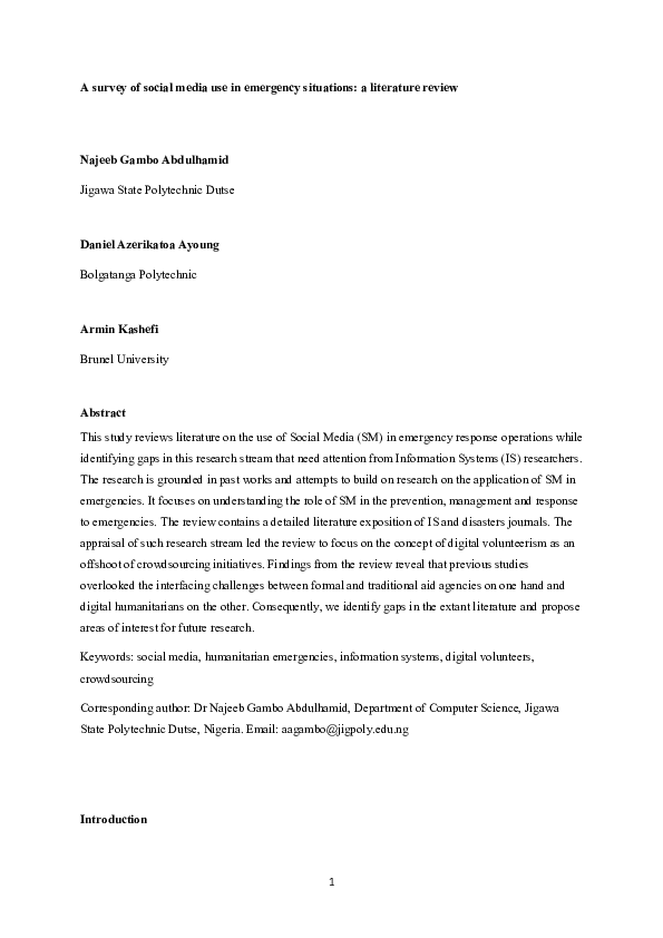 (PDF) A survey of social media use in emergency situations: A ...