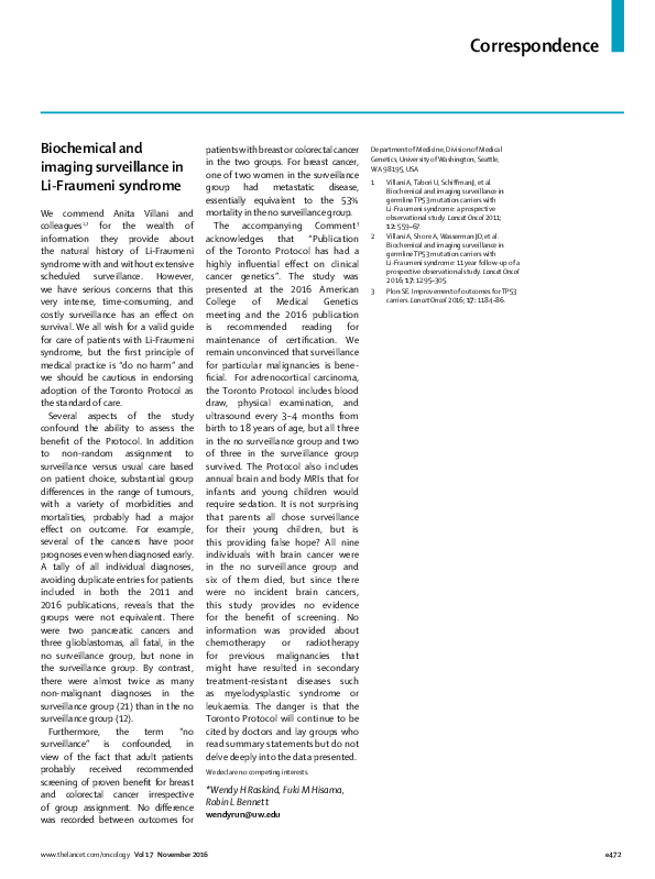 (PDF) Biochemical and imaging surveillance in Li-Fraumeni syndrome