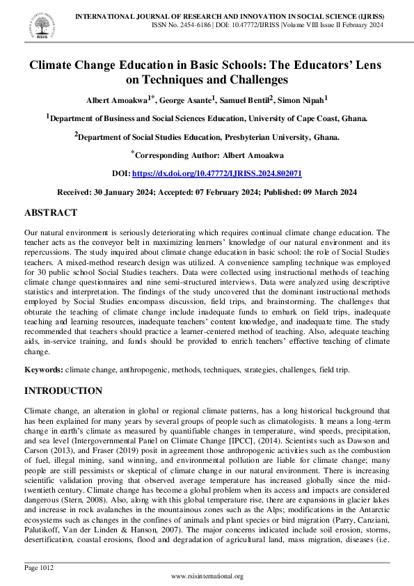 (PDF) Climate Change Education in Basic Schools: The Educators' Lens on ...