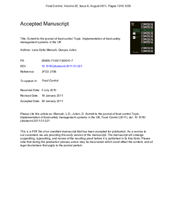 (PDF) Implementation of food safety management systems in the UK