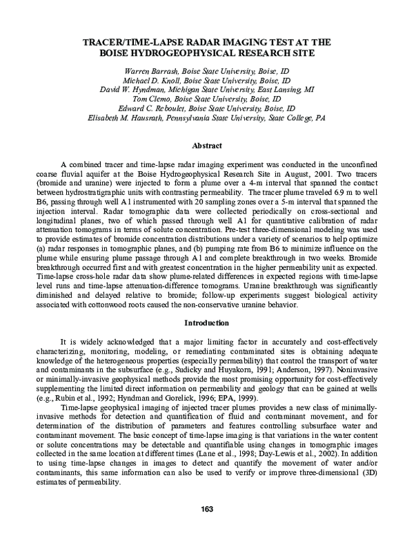 (PDF) Tracer/Time-Lapse Radar Imaging Test At The Boise ...