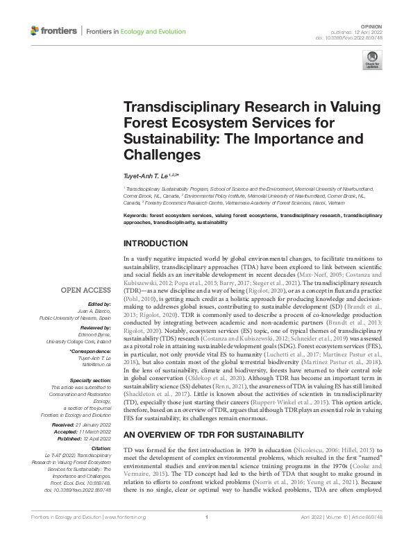 (PDF) Transdisciplinary Research in Valuing Forest Ecosystem Services ...