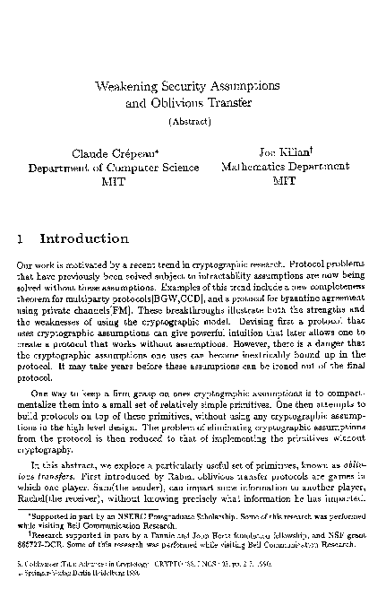 PDF) Weakening Security Assumptions and Oblivious Transfer (Abstract)