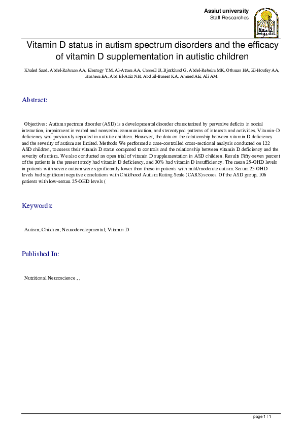 (PDF) Vitamin D status in autism spectrum disorders and the efficacy of ...