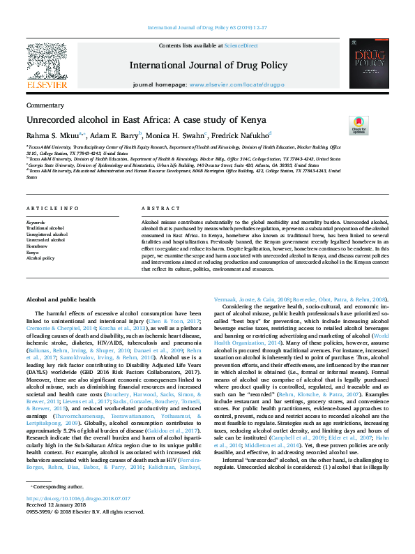 (PDF) Unrecorded alcohol in East Africa: A case study of Kenya