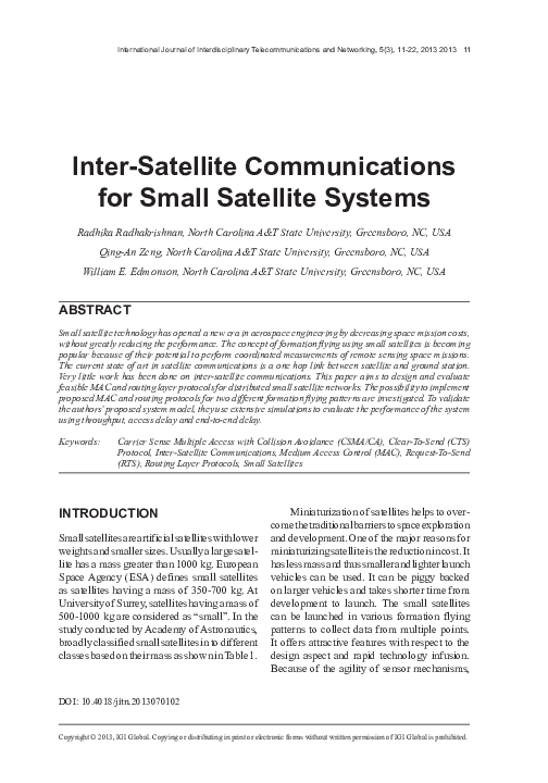(PDF) Inter-Satellite Communications for Small Satellite Systems