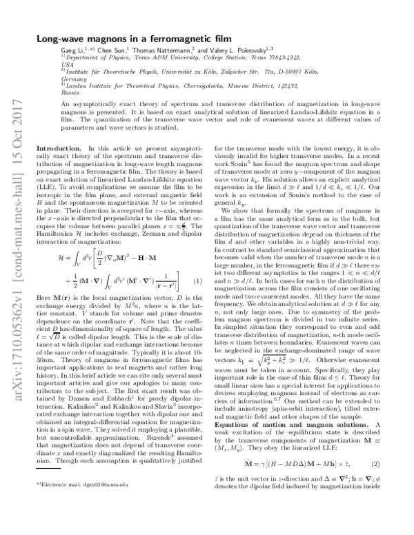 (PDF) Long-wave magnons in a ferromagnetic film