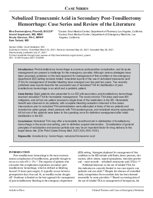 (PDF) Nebulized Tranexamic Acid in Secondary PostTonsillectomy