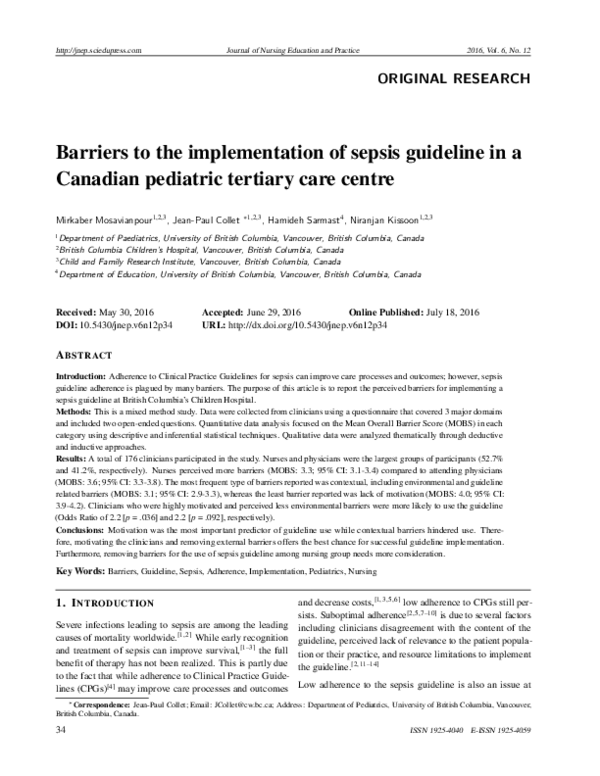 (PDF) Barriers to the implementation of sepsis guideline in a Canadian ...