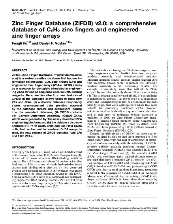 (PDF) Zinc Finger Database (ZiFDB) v2.0 a comprehensive database of