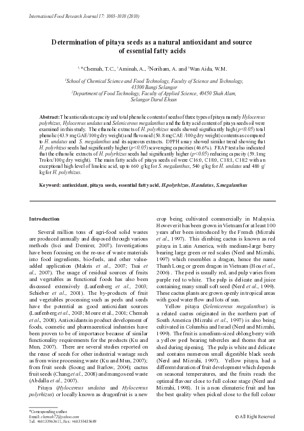 (PDF) Determination of pitaya seeds as a natural antioxidant and source ...