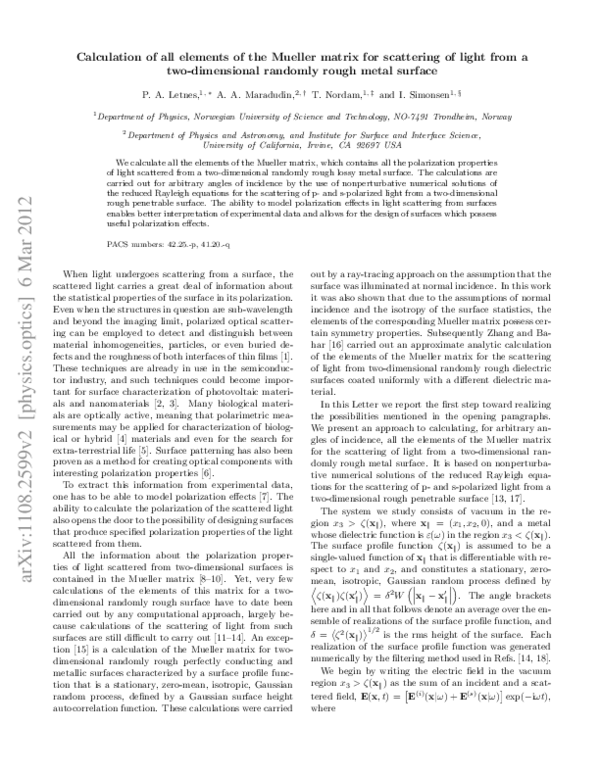 (PDF) Calculation of all elements of the Mueller matrix for scattering ...