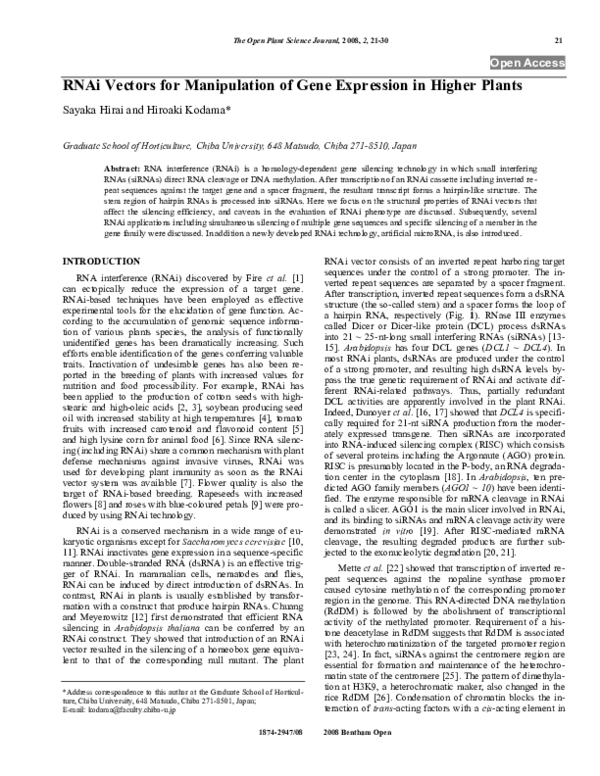 (PDF) RNAi Vectors for Manipulation of Gene Expression in Higher Plants