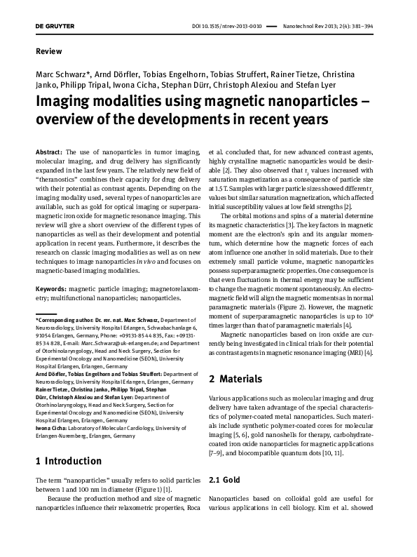 (PDF) Imaging modalities using magnetic nanoparticles – overview of the ...
