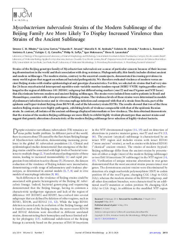(PDF) Mycobacterium tuberculosis strains of the modern sublineage of ...