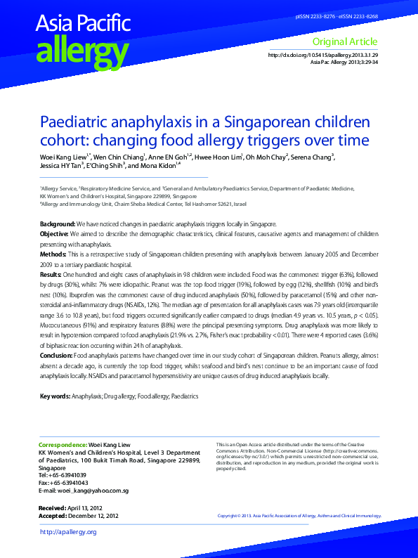 (PDF) Paediatric anaphylaxis in a Singaporean children cohort: changing ...