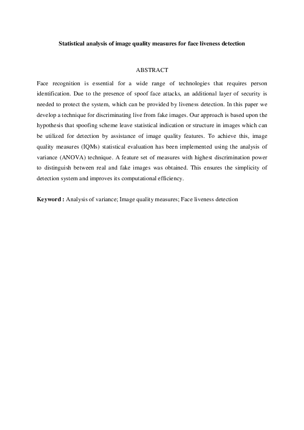 (PDF) Statistical Analysis of Image Quality Measures for Face Liveness ...