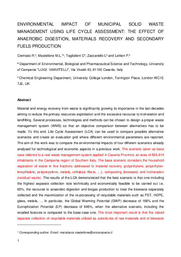 (PDF) Environmental impact of municipal solid waste management using ...