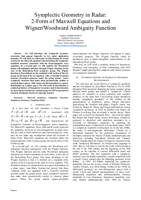 (PDF) Symplectic Geometry in Radar: 2-Form of Maxwell Equations and ...