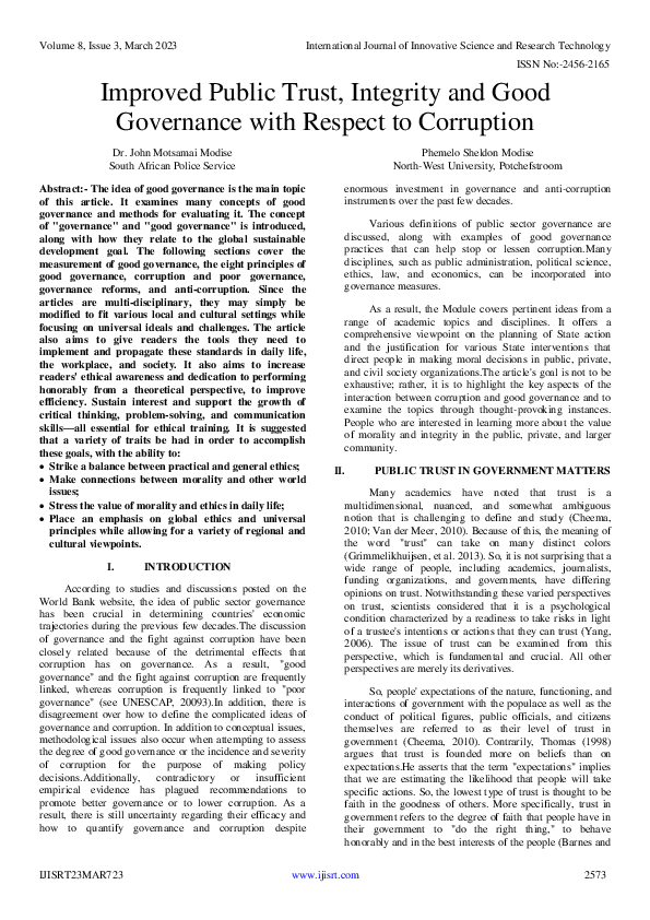 (PDF) Improved Public Trust, Integrity and Good Governance with Respect ...