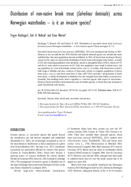 (PDF) Distribution of non-native brook trout (Salvelinus fontinalis ...