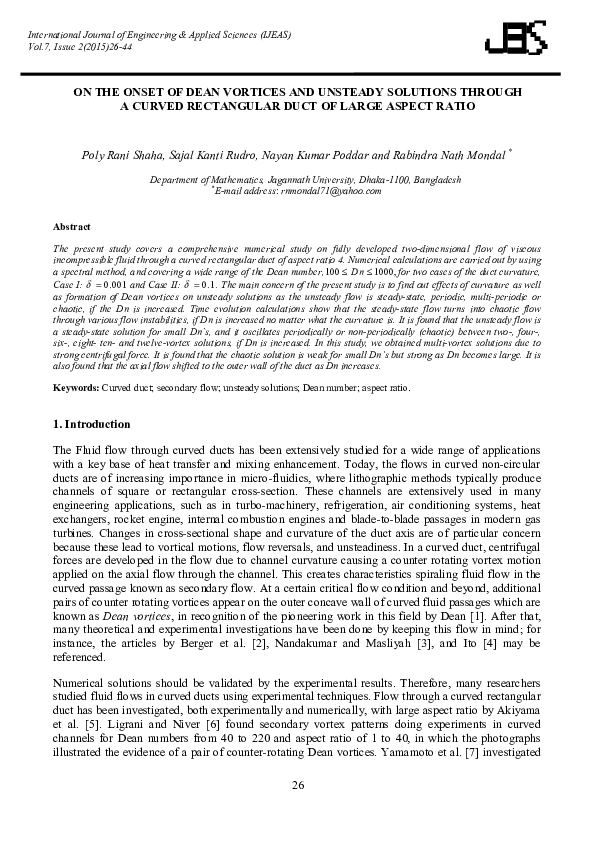 (PDF) On the Onset of Dean Vortices and Unsteady Solutions Through a ...