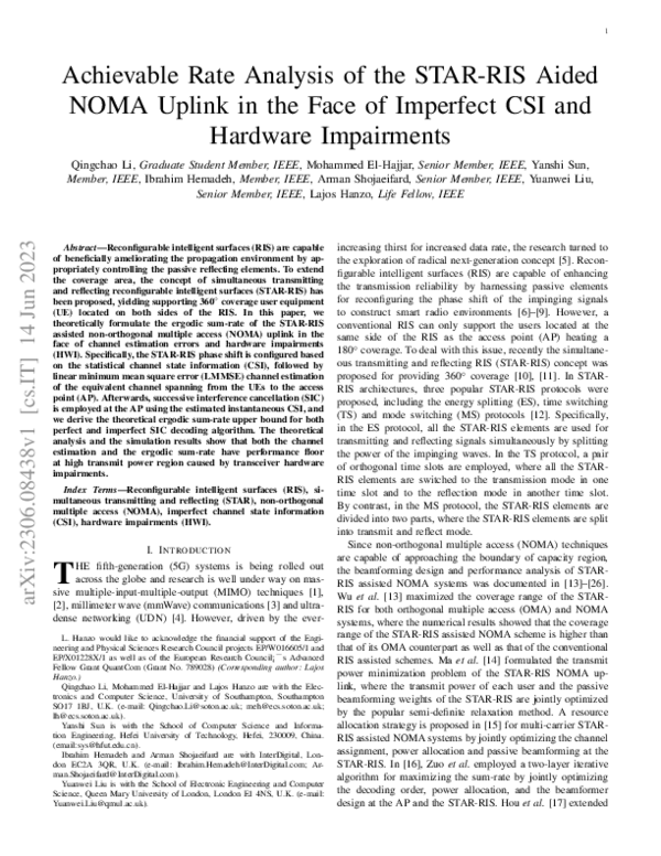 (PDF) Achievable Rate Analysis of the STAR-RIS Aided NOMA Uplink in the ...