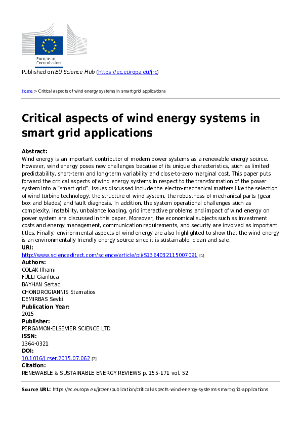 (PDF) Critical aspects of wind energy systems in smart grid applications