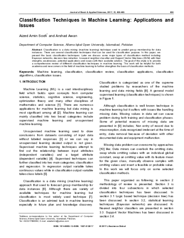 (PDF) Classification Techniques in Machine Learning: Applications and ...