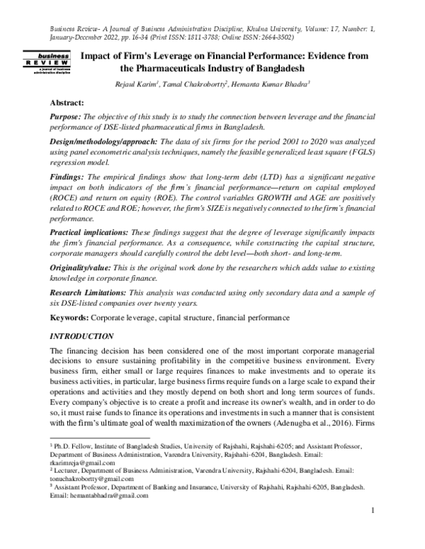 (PDF) Impact of Firm's Leverage on Financial Performance: Evidence from ...