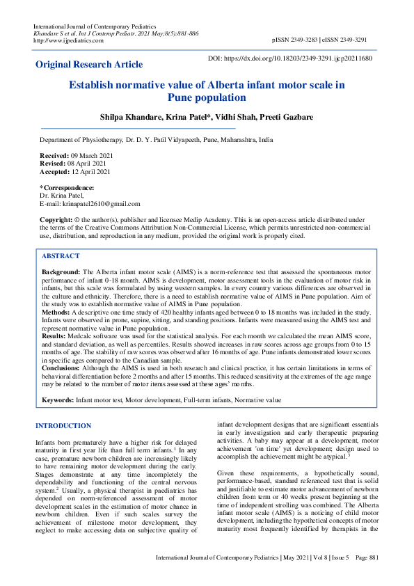 Establish normative value of Alberta infant motor scale in Pune population