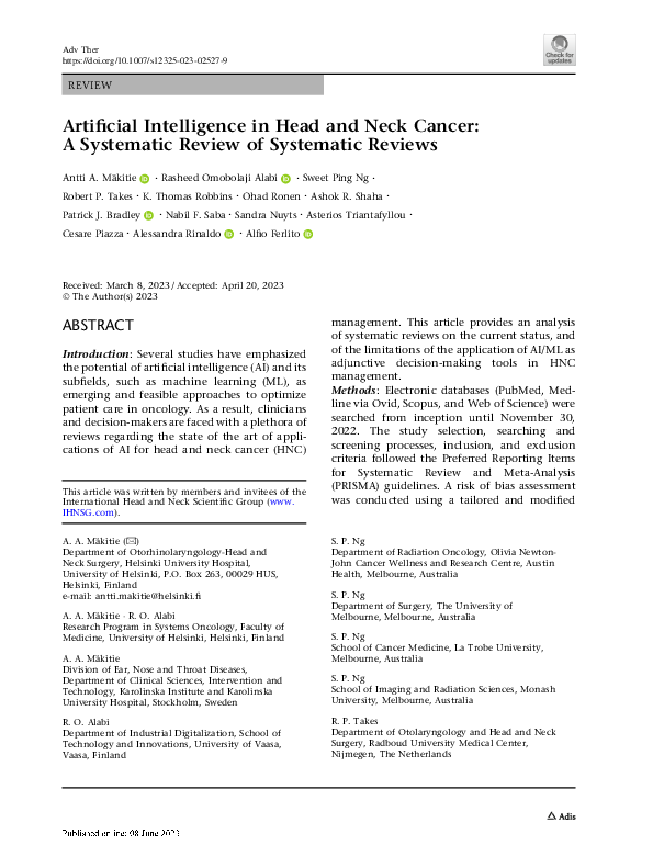 (PDF) Artificial Intelligence in Head and Neck Cancer: A Systematic ...