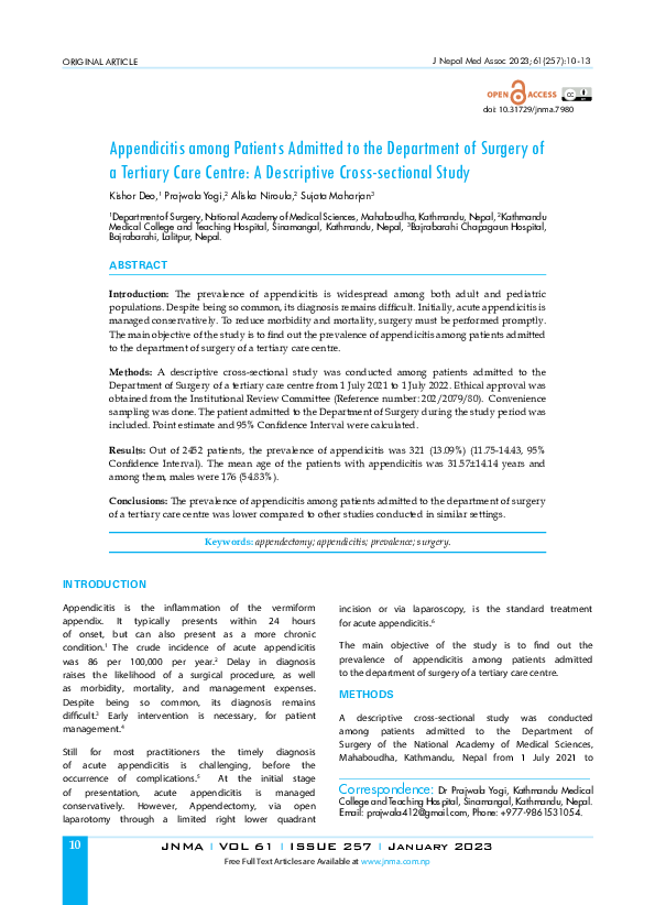 (PDF) Appendicitis among Patients Admitted to the Department of Surgery ...