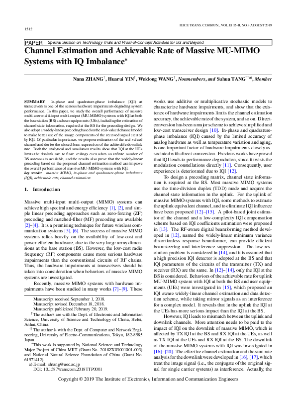 (PDF) Channel Estimation and Achievable Rate of Massive MU-MIMO Systems ...