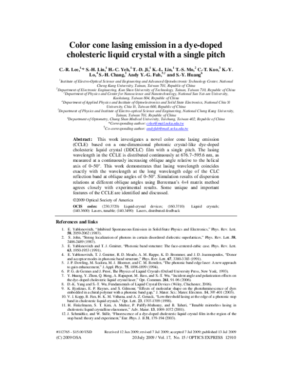 (PDF) Color cone lasing emission in a dye-doped cholesteric liquid ...
