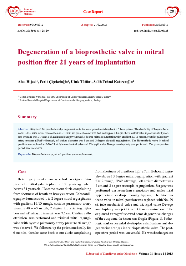 (PDF) Degeneration of a bioprosthetic valve in mitral position after 21 ...